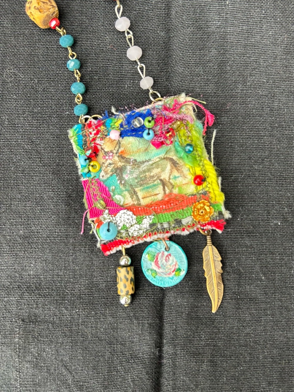 Donkey Boho Textile Hand Painted  Necklace one of a kind